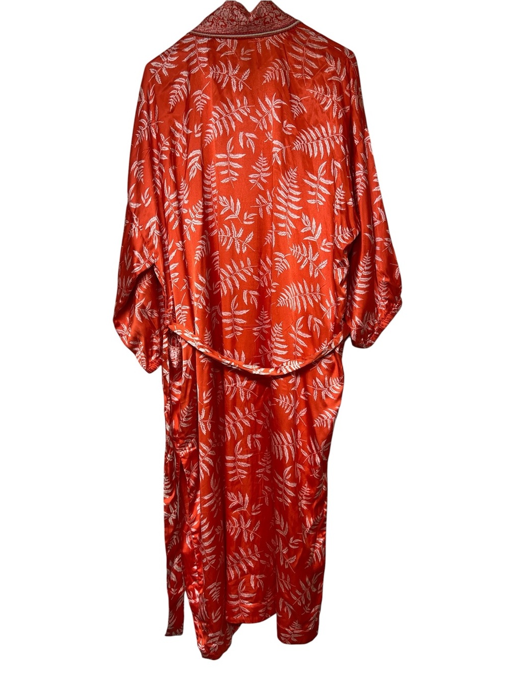 Zara Hanoi orange and white leaf print satin long kimono with waist tie - Picture 7 of 16